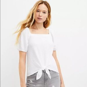 LOFT NWOT White Seersucker Square Neck Tie Front Blouse